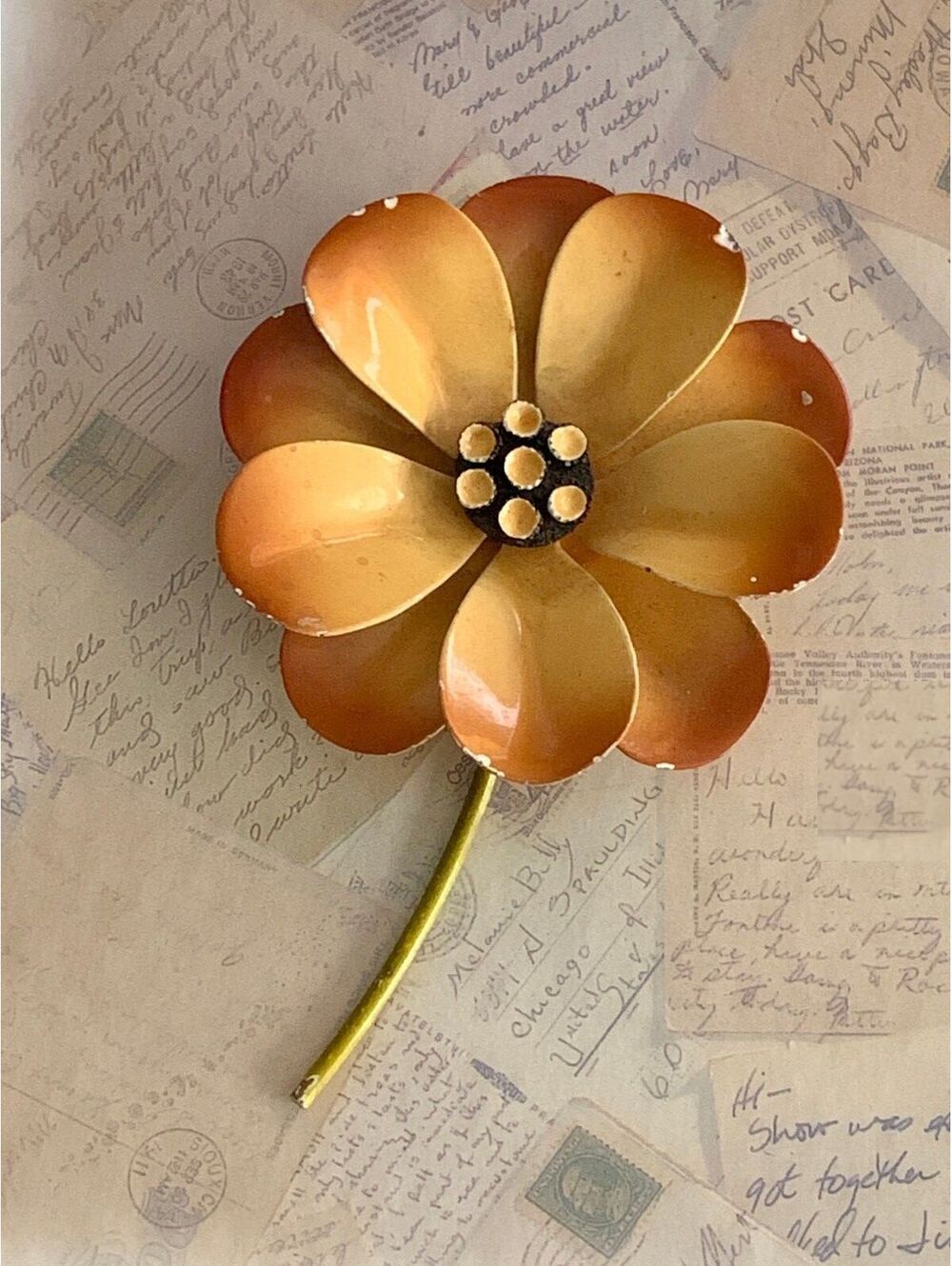 Vintage Retro / Mod / Botanical / Floral Novelty Enamel Flower Stem Brooch Pin